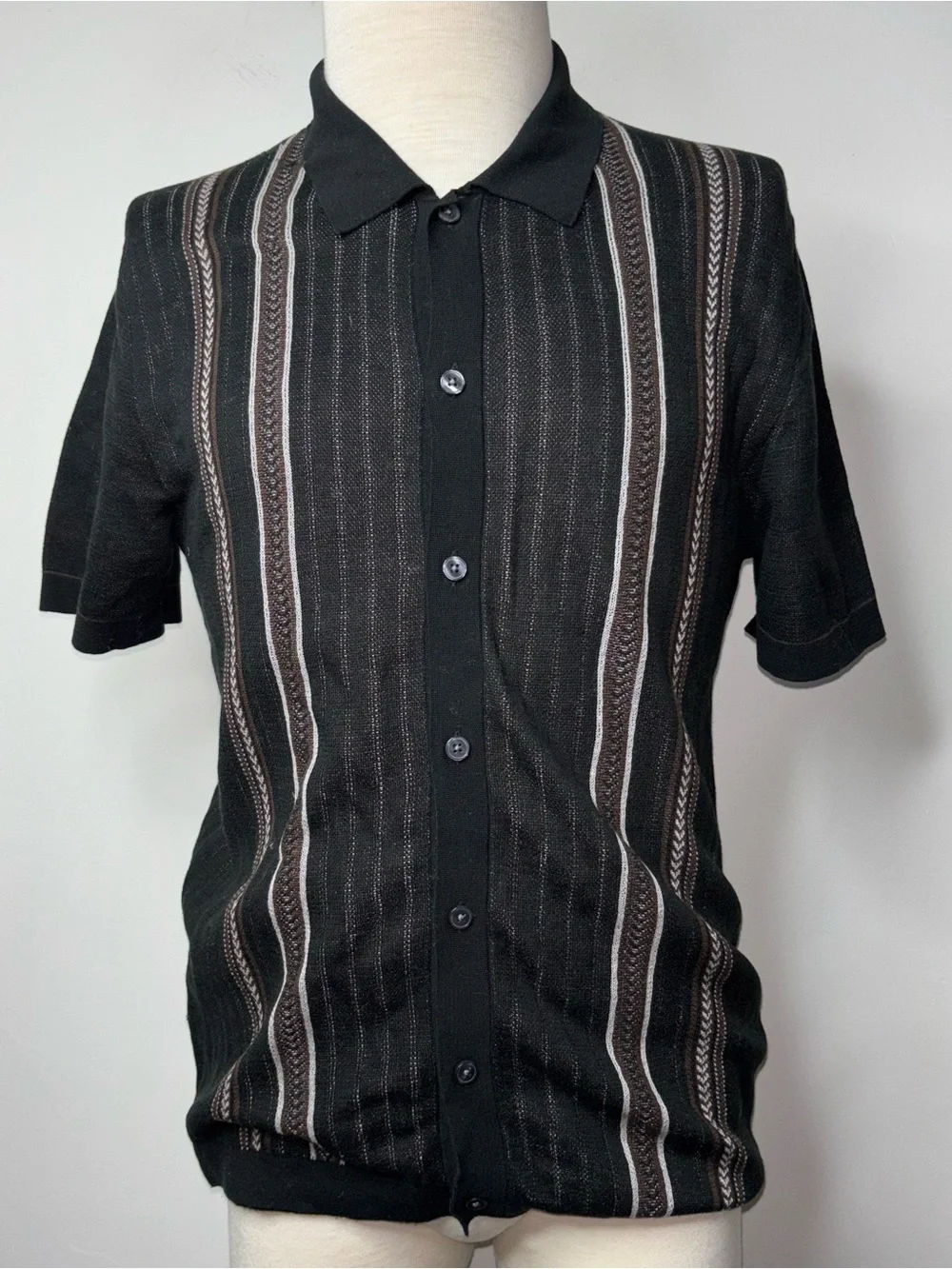 Banana Republic Retro Sweater Polo Mens M Button Black Striped Camp Collar